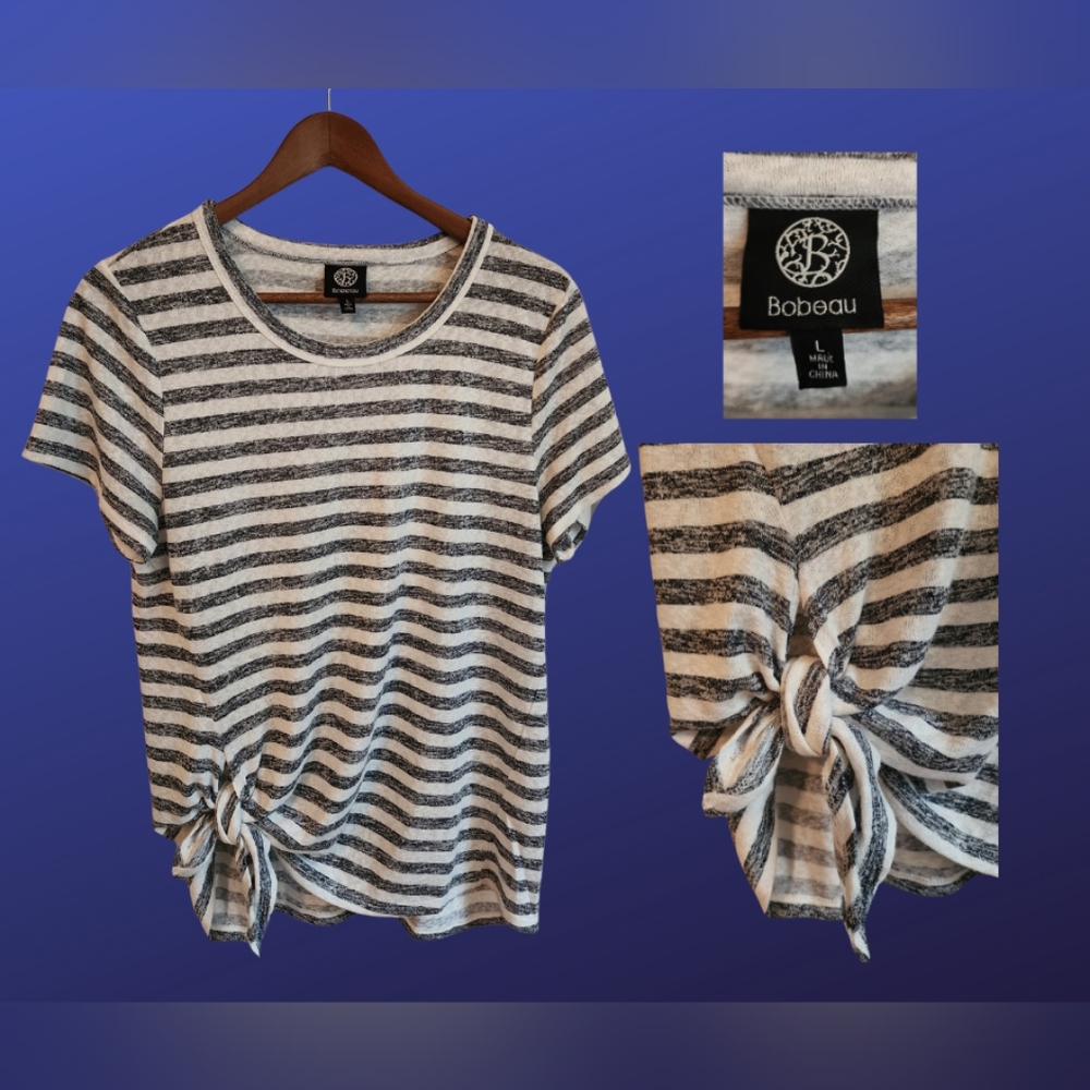 Bobeau lightweight sweater tee, cream and black, size Lg